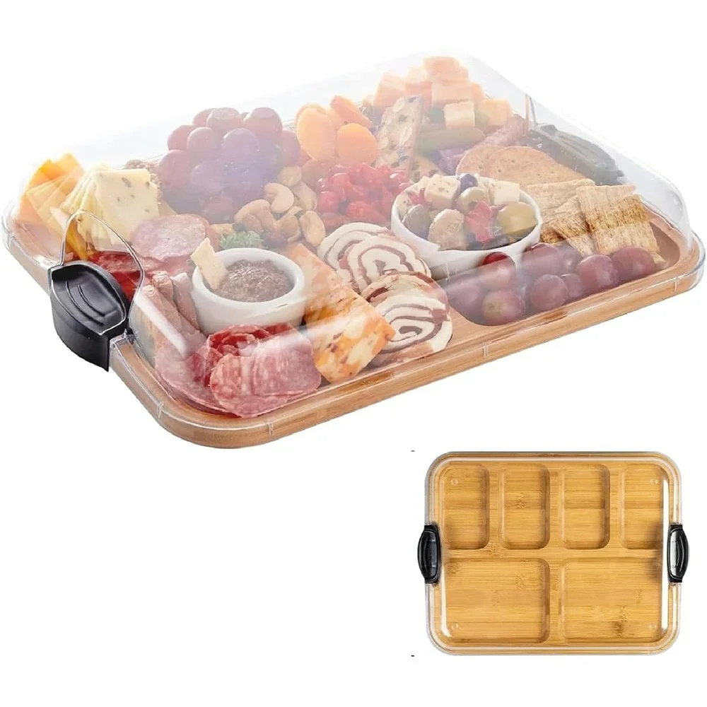 Bamboo Charcuterie Board with Locking Lid 6 Compartment Portable Snack Tray